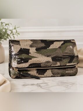Stella & Dot Sequin Camouflage Fold Over Clutch Handbag‎